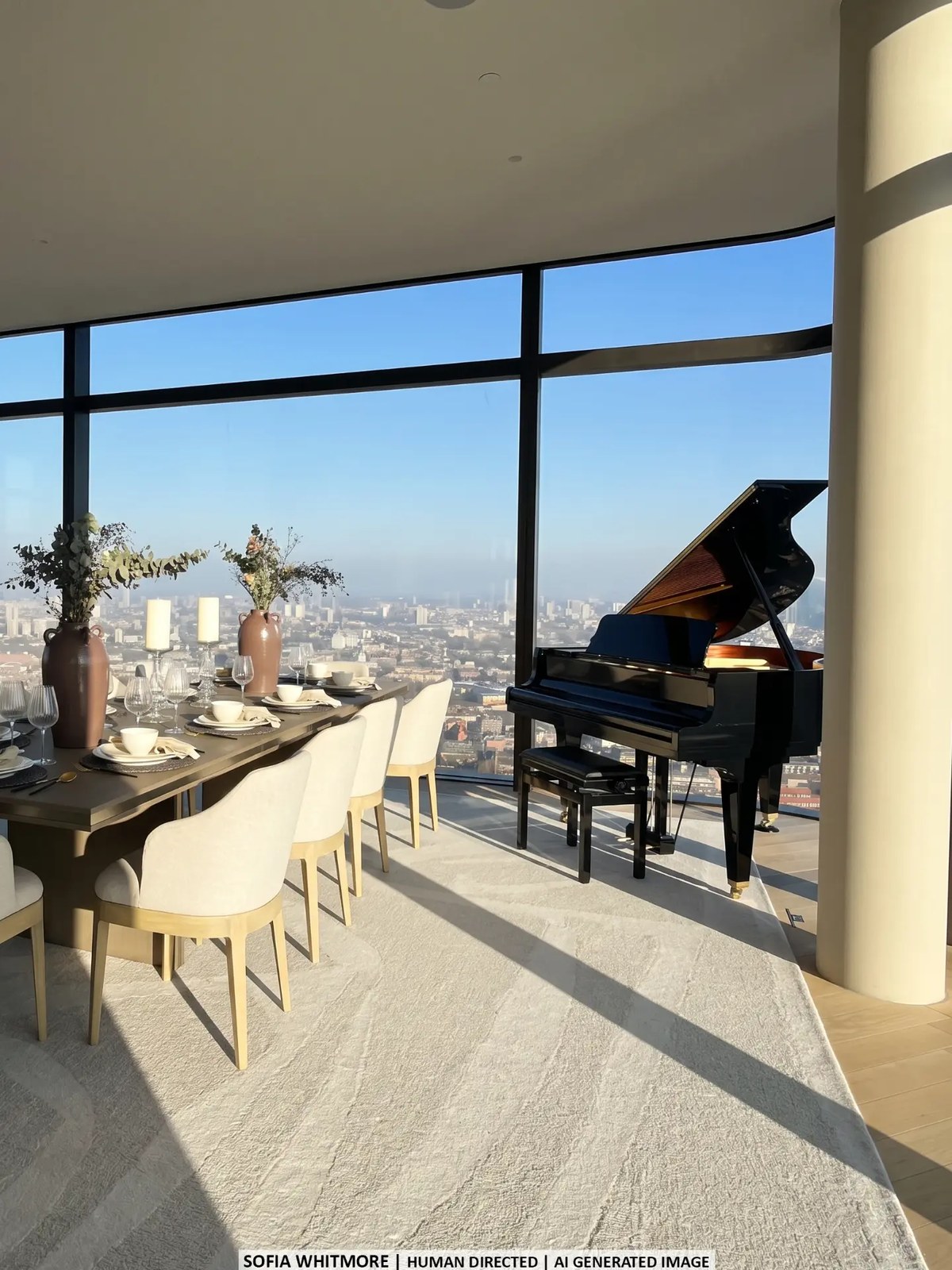 Contemporary London interior with panoramic windows and a grand piano
